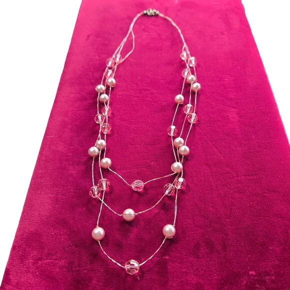 Faux Pink Pearl & Crystal layered Necklace Silk Thread Multi-Strand Silver Clasp - Picture 2 of 9